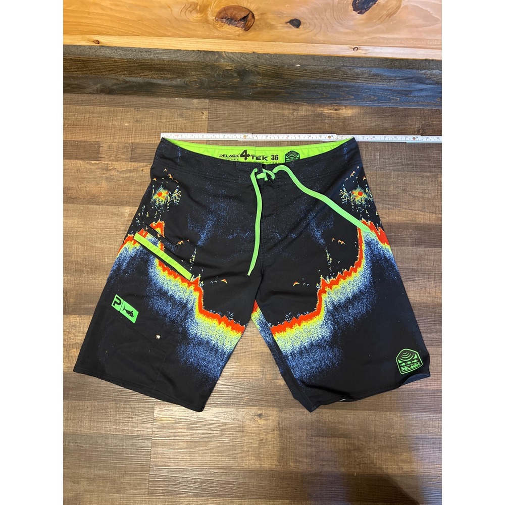 Pelagic TEK 36 Fishing Board Shorts Ocean Sonar Graphic Neon Green Accents Surf‎